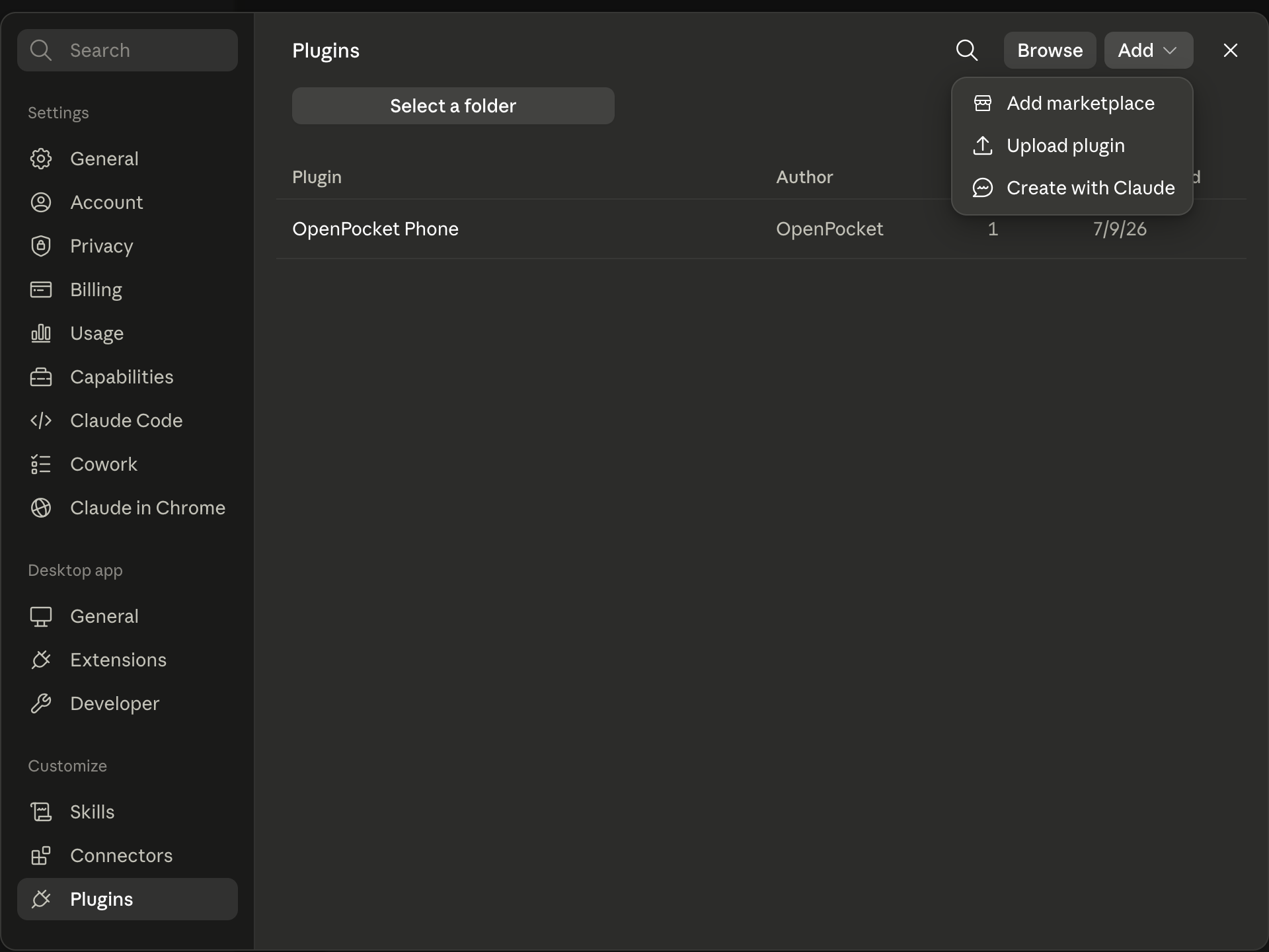 Claude Desktop Add menu with Upload plugin