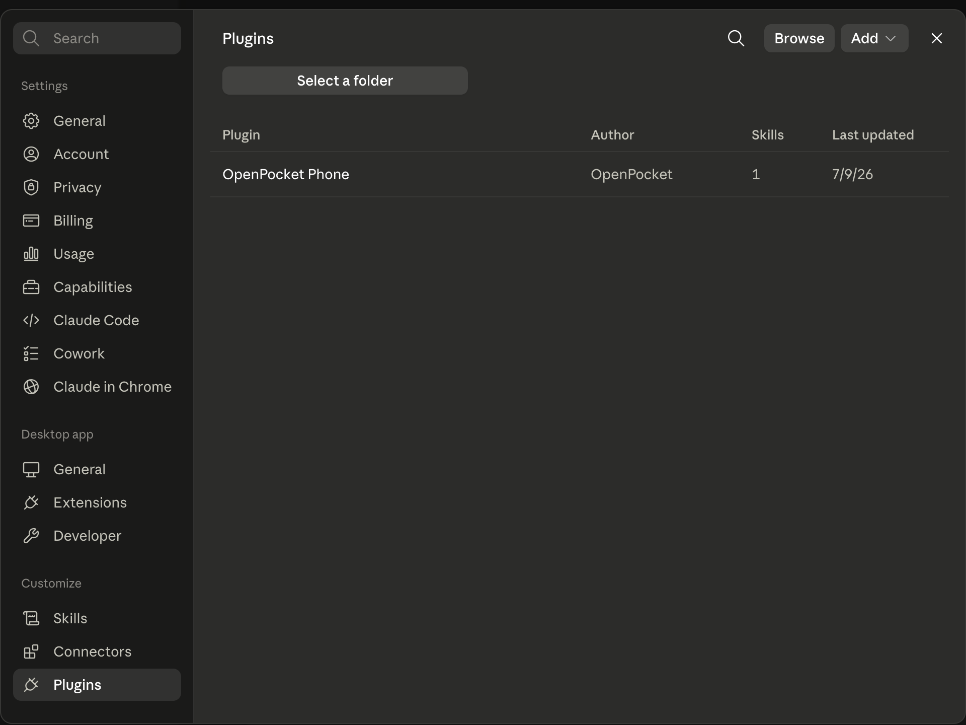 OpenPocket Phone installed in Claude Desktop