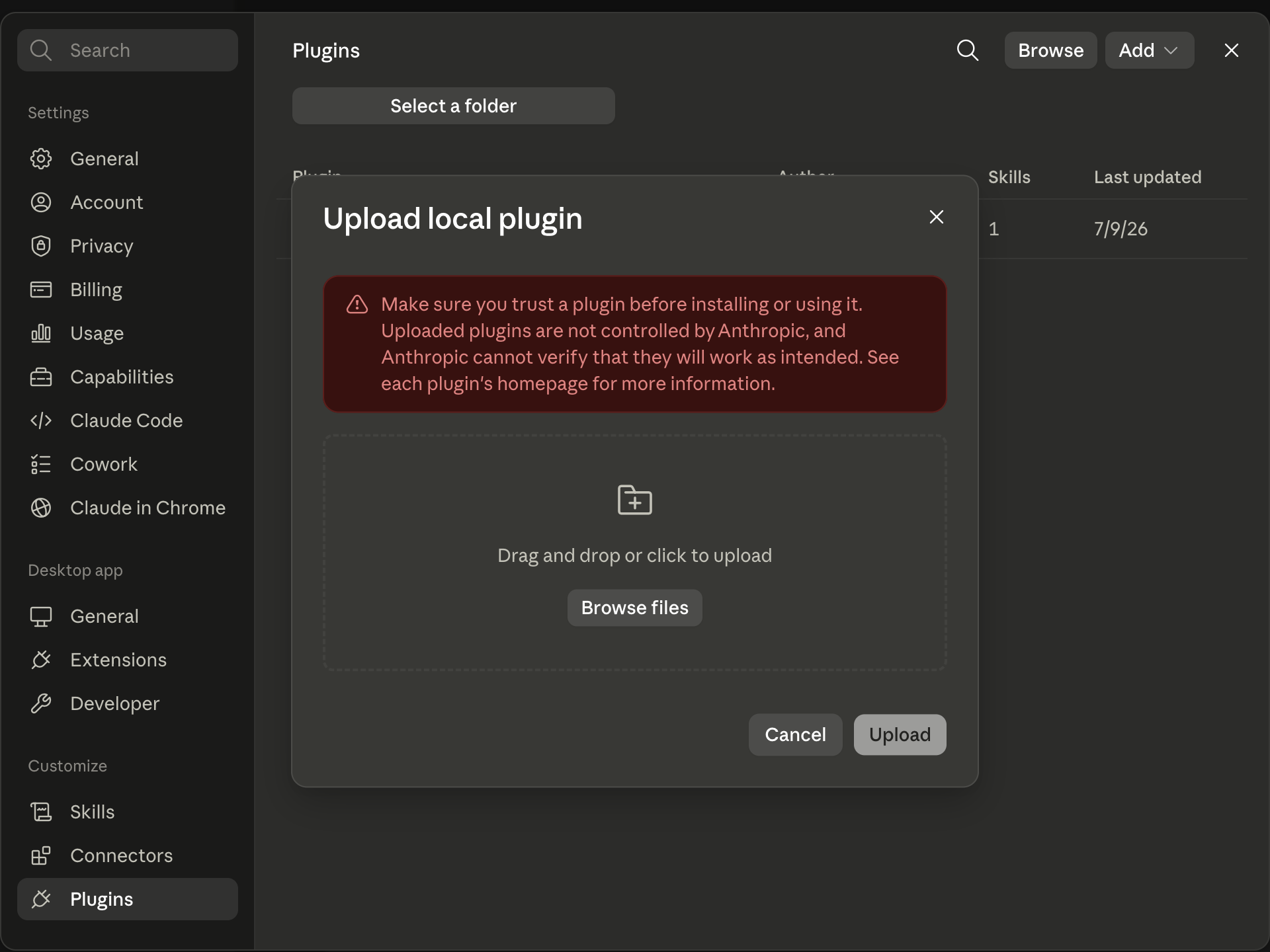 Claude Desktop local plugin upload dialog