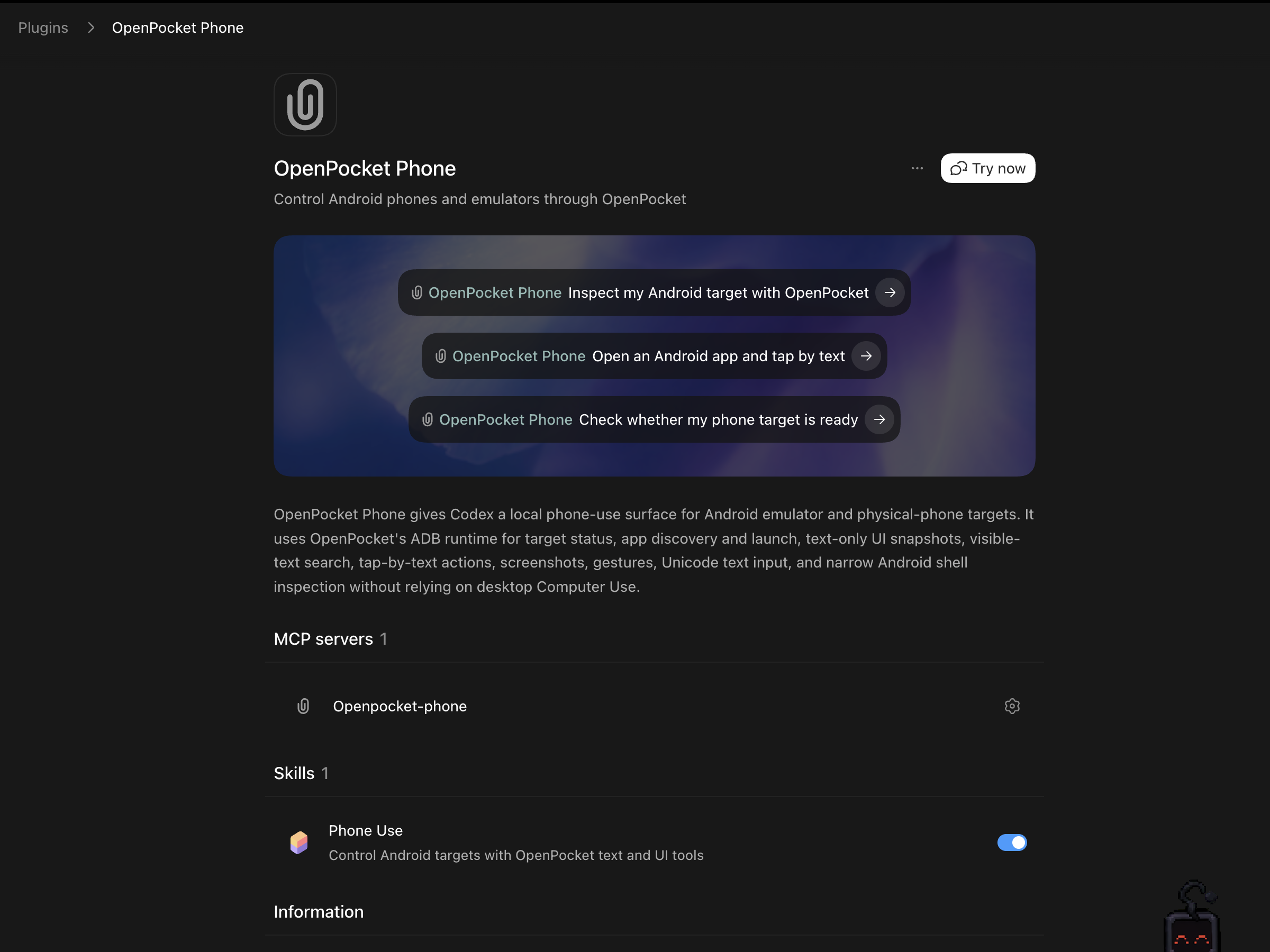 OpenPocket Phone installed in Codex Desktop